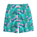Pink Teal Tropical Leaf Pattern Print Cotton Shorts