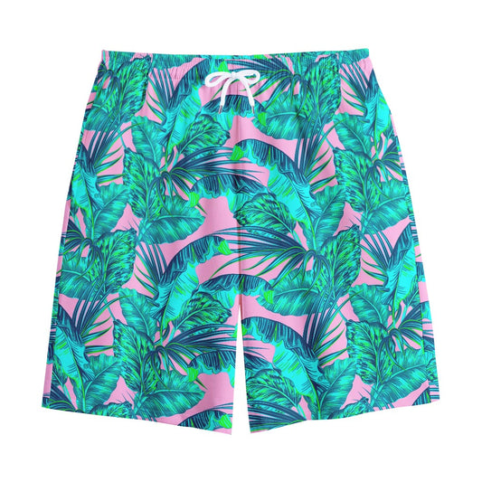 Pink Teal Tropical Leaf Pattern Print Cotton Shorts