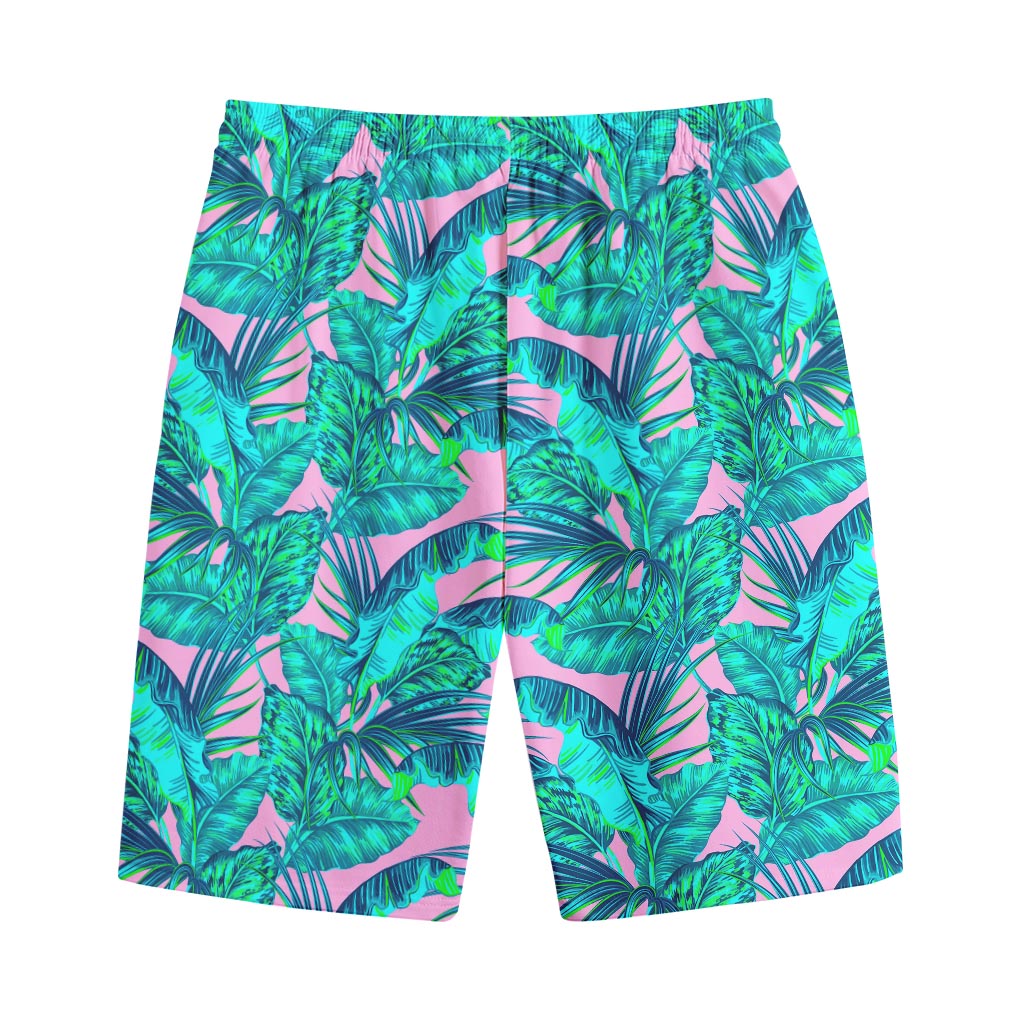 Pink Teal Tropical Leaf Pattern Print Cotton Shorts