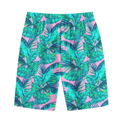Pink Teal Tropical Leaf Pattern Print Cotton Shorts