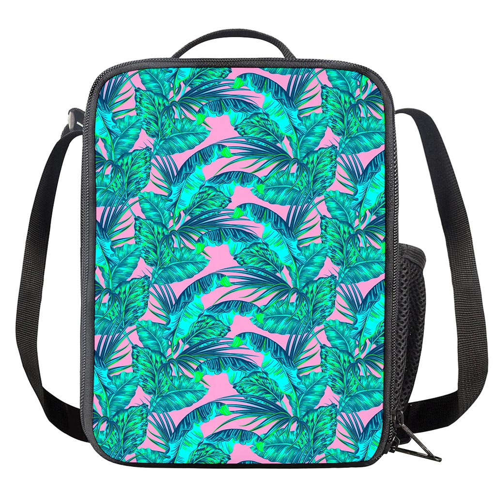 Pink Teal Tropical Leaf Pattern Print Crossbody Lunch Bag