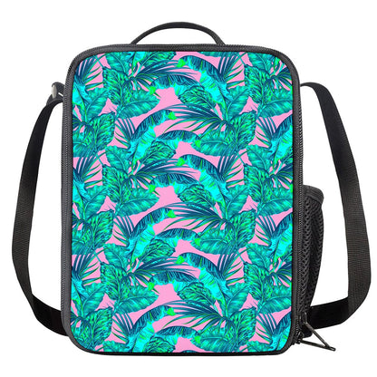 Pink Teal Tropical Leaf Pattern Print Crossbody Lunch Bag