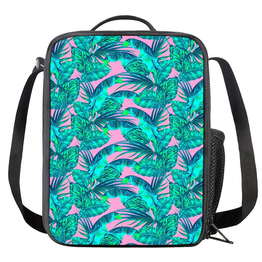 Pink Teal Tropical Leaf Pattern Print Crossbody Lunch Bag