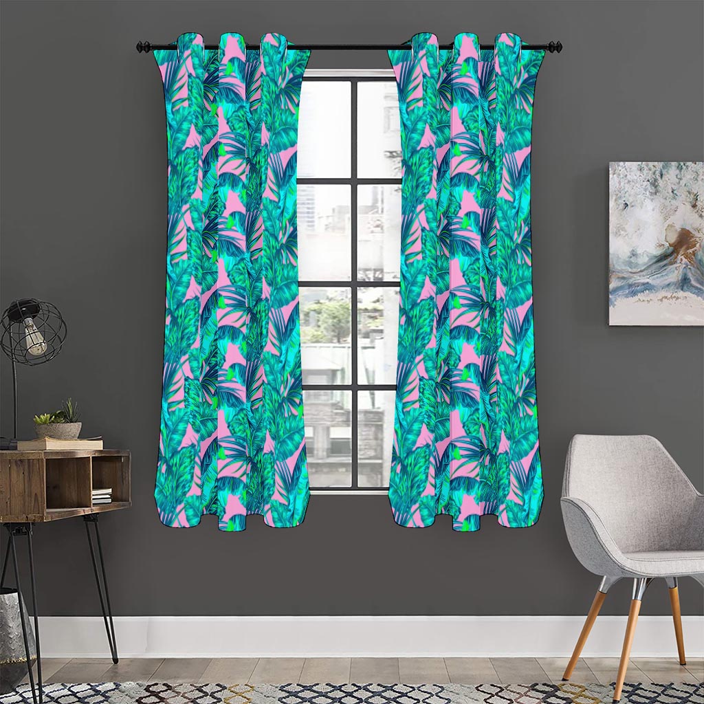 Pink Teal Tropical Leaf Pattern Print Curtain