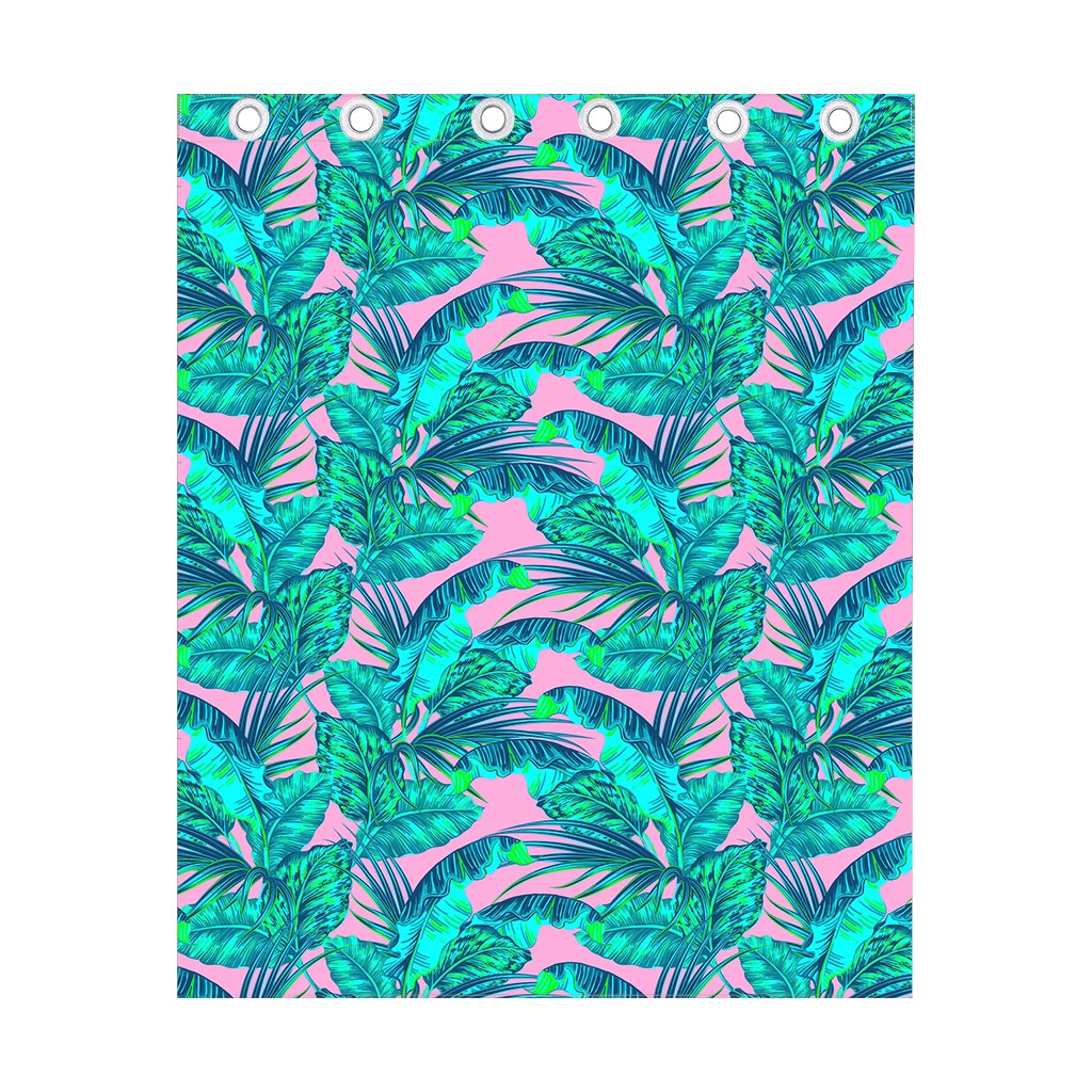 Pink Teal Tropical Leaf Pattern Print Curtain
