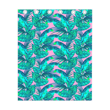 Pink Teal Tropical Leaf Pattern Print Curtain