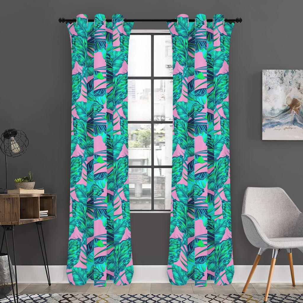 Pink Teal Tropical Leaf Pattern Print Curtain