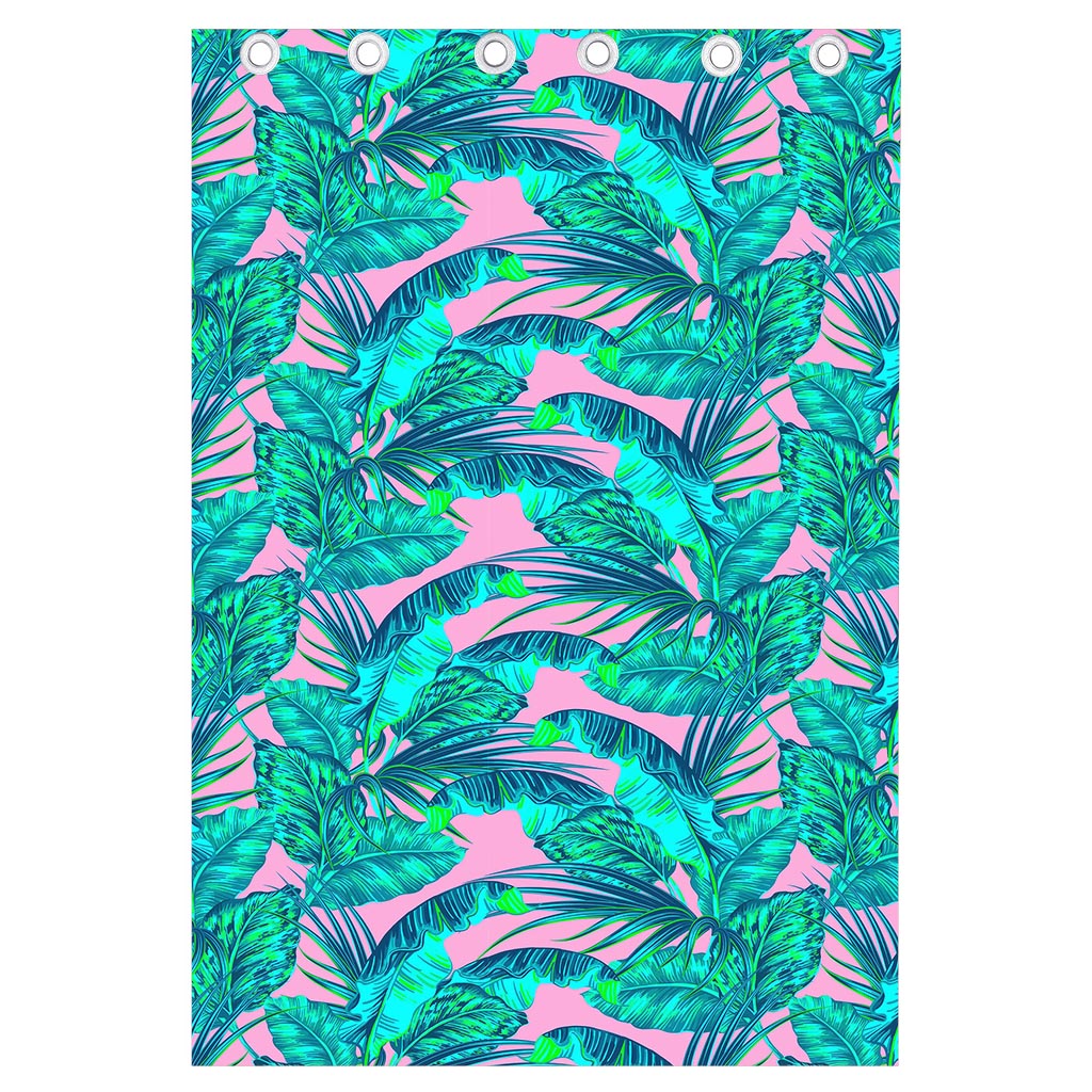 Pink Teal Tropical Leaf Pattern Print Curtain