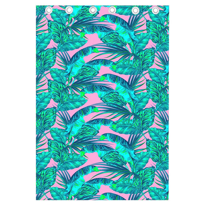 Pink Teal Tropical Leaf Pattern Print Curtain