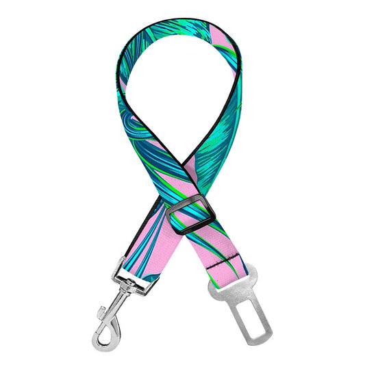 Pink Teal Tropical Leaf Pattern Print Dog Seat Belt