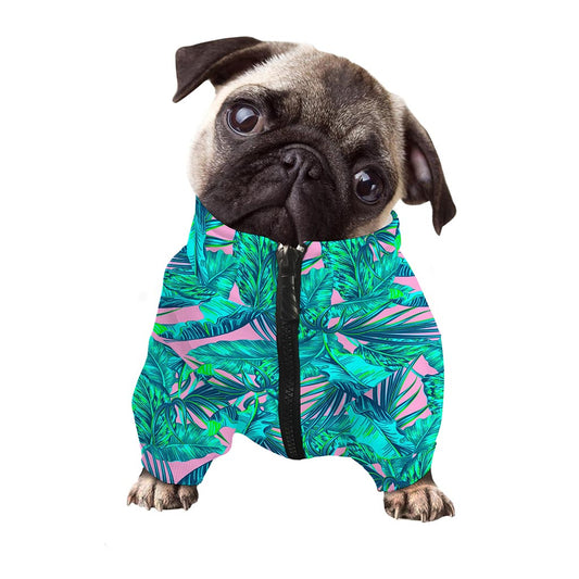 Pink Teal Tropical Leaf Pattern Print Dog Zip Up Jacket