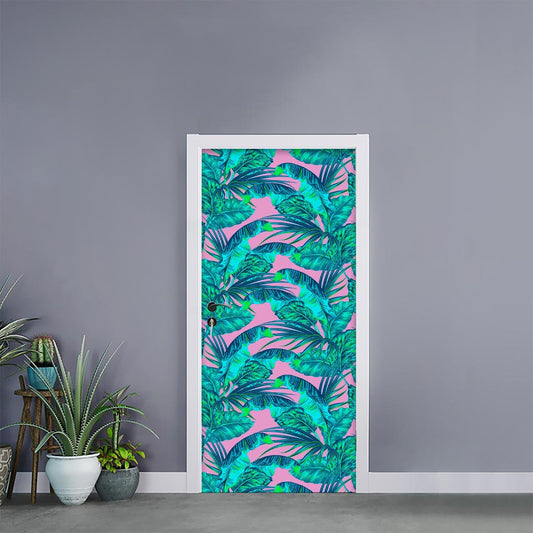 Pink Teal Tropical Leaf Pattern Print Door Sticker