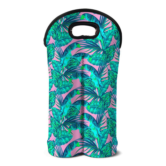 Pink Teal Tropical Leaf Pattern Print Double Neoprene Wine Tote