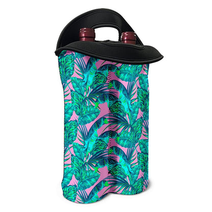 Pink Teal Tropical Leaf Pattern Print Double Neoprene Wine Tote