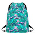 Pink Teal Tropical Leaf Pattern Print Drawstring Backpack