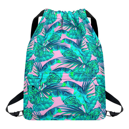 Pink Teal Tropical Leaf Pattern Print Drawstring Backpack