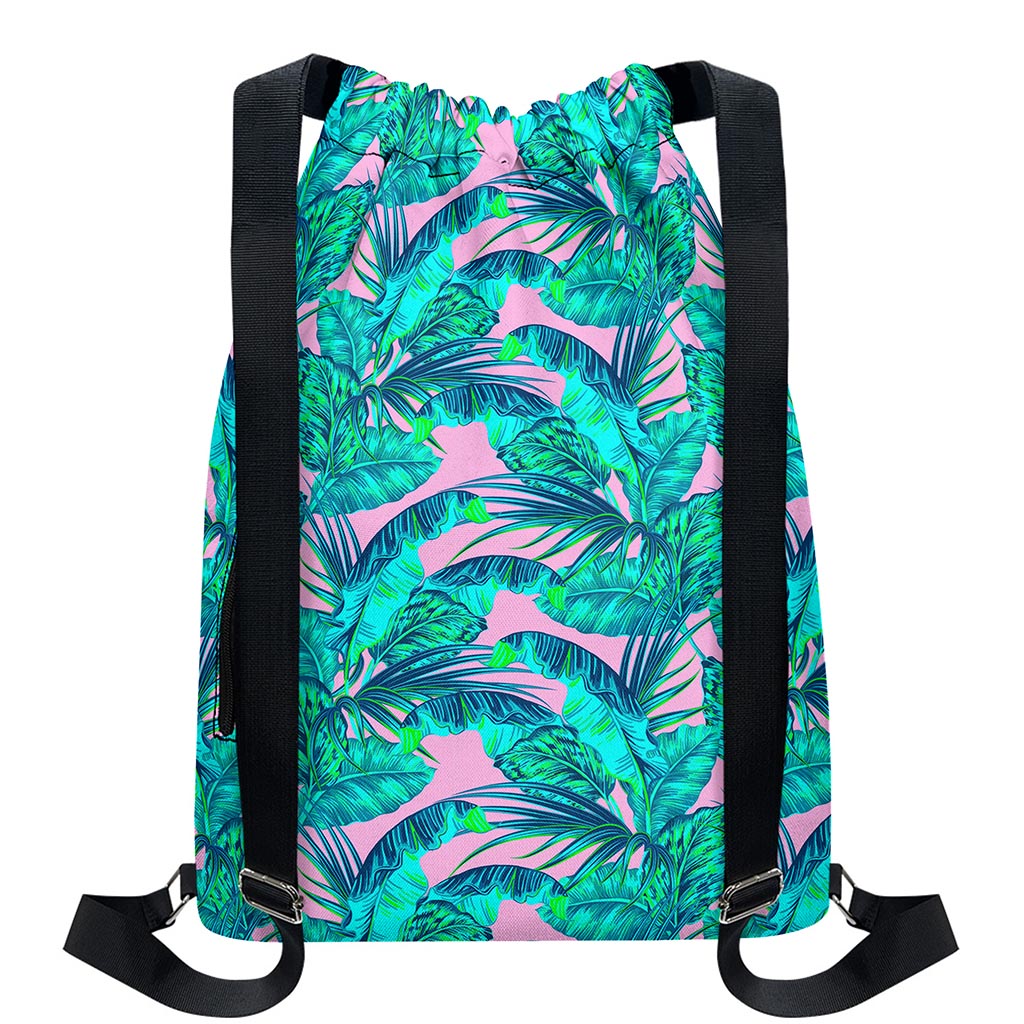 Pink Teal Tropical Leaf Pattern Print Drawstring Backpack