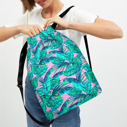 Pink Teal Tropical Leaf Pattern Print Drawstring Backpack