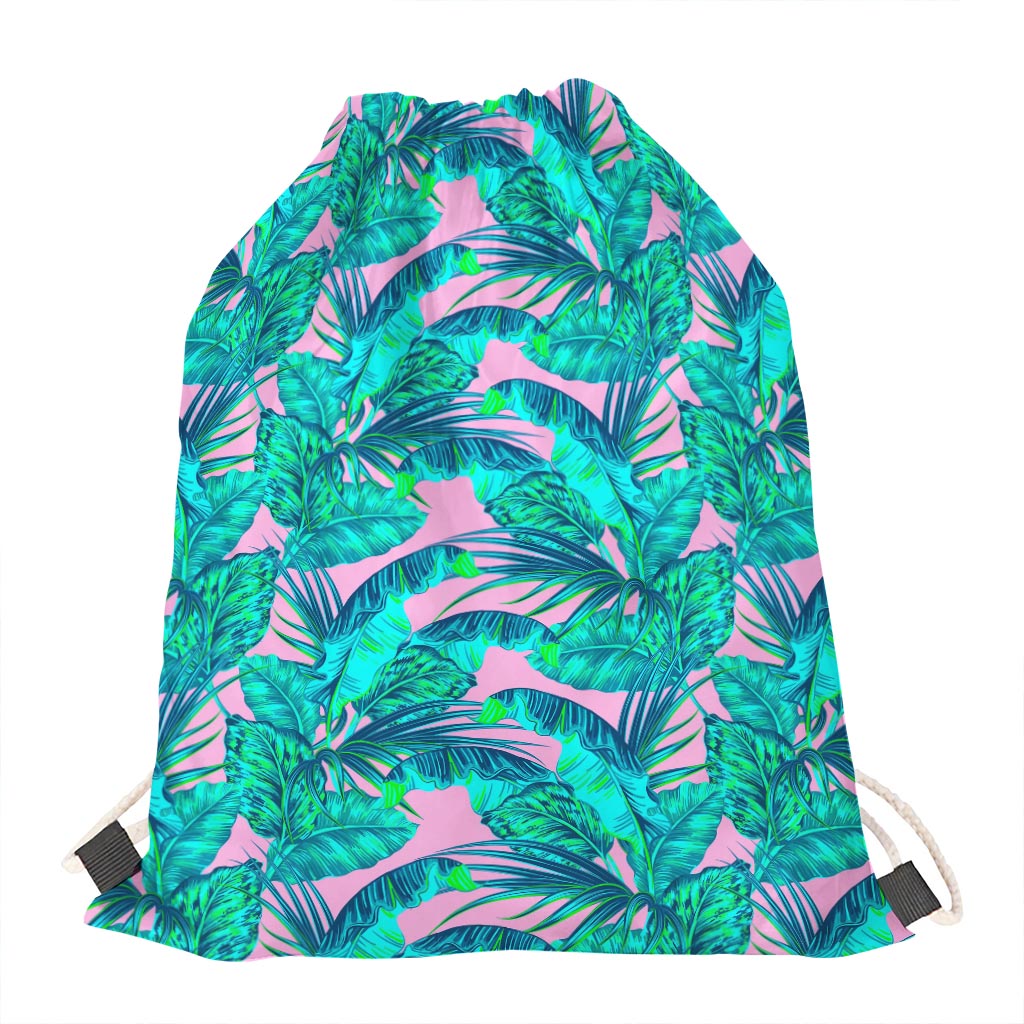 Pink Teal Tropical Leaf Pattern Print Drawstring Bag