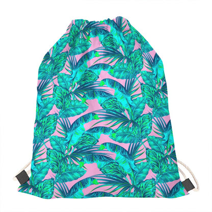 Pink Teal Tropical Leaf Pattern Print Drawstring Bag
