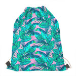 Pink Teal Tropical Leaf Pattern Print Drawstring Bag