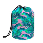 Pink Teal Tropical Leaf Pattern Print Drawstring Makeup Bag
