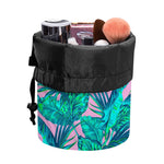 Pink Teal Tropical Leaf Pattern Print Drawstring Makeup Bag