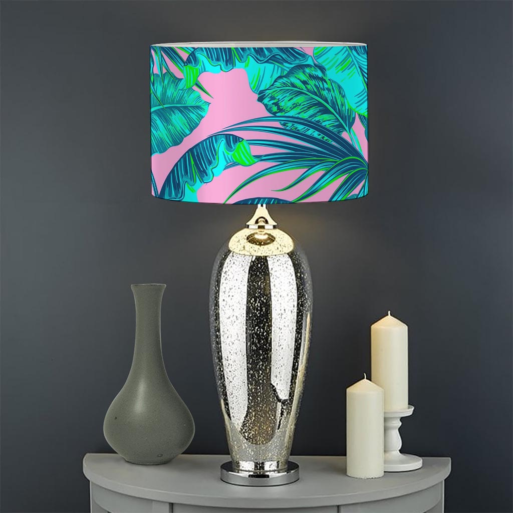 Pink Teal Tropical Leaf Pattern Print Drum Lamp Shade