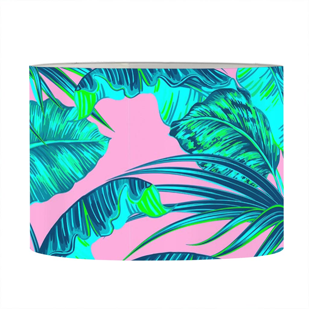 Pink Teal Tropical Leaf Pattern Print Drum Lamp Shade
