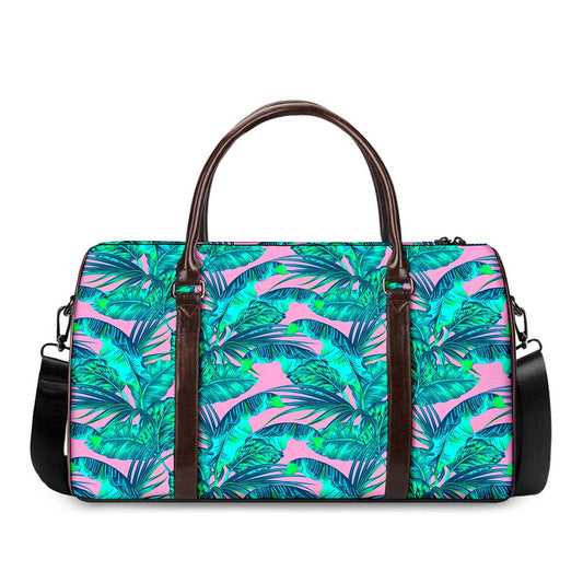 Pink Teal Tropical Leaf Pattern Print Duffle Bag