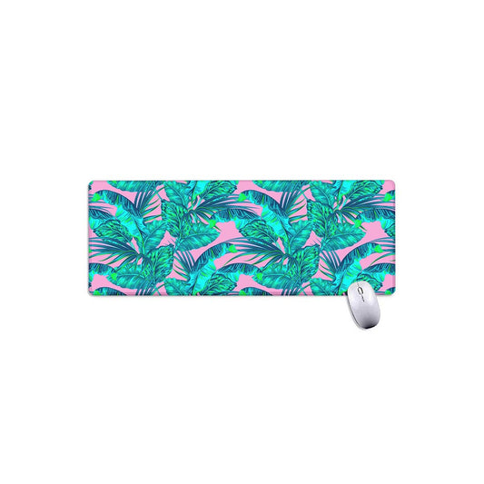 Pink Teal Tropical Leaf Pattern Print Extended Mouse Pad
