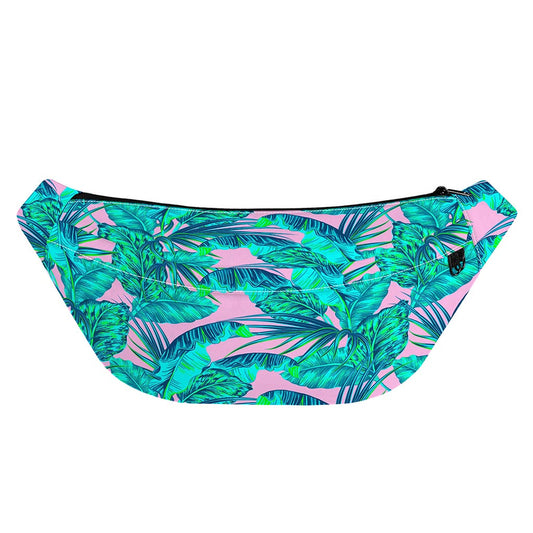 Pink Teal Tropical Leaf Pattern Print Fanny Pack