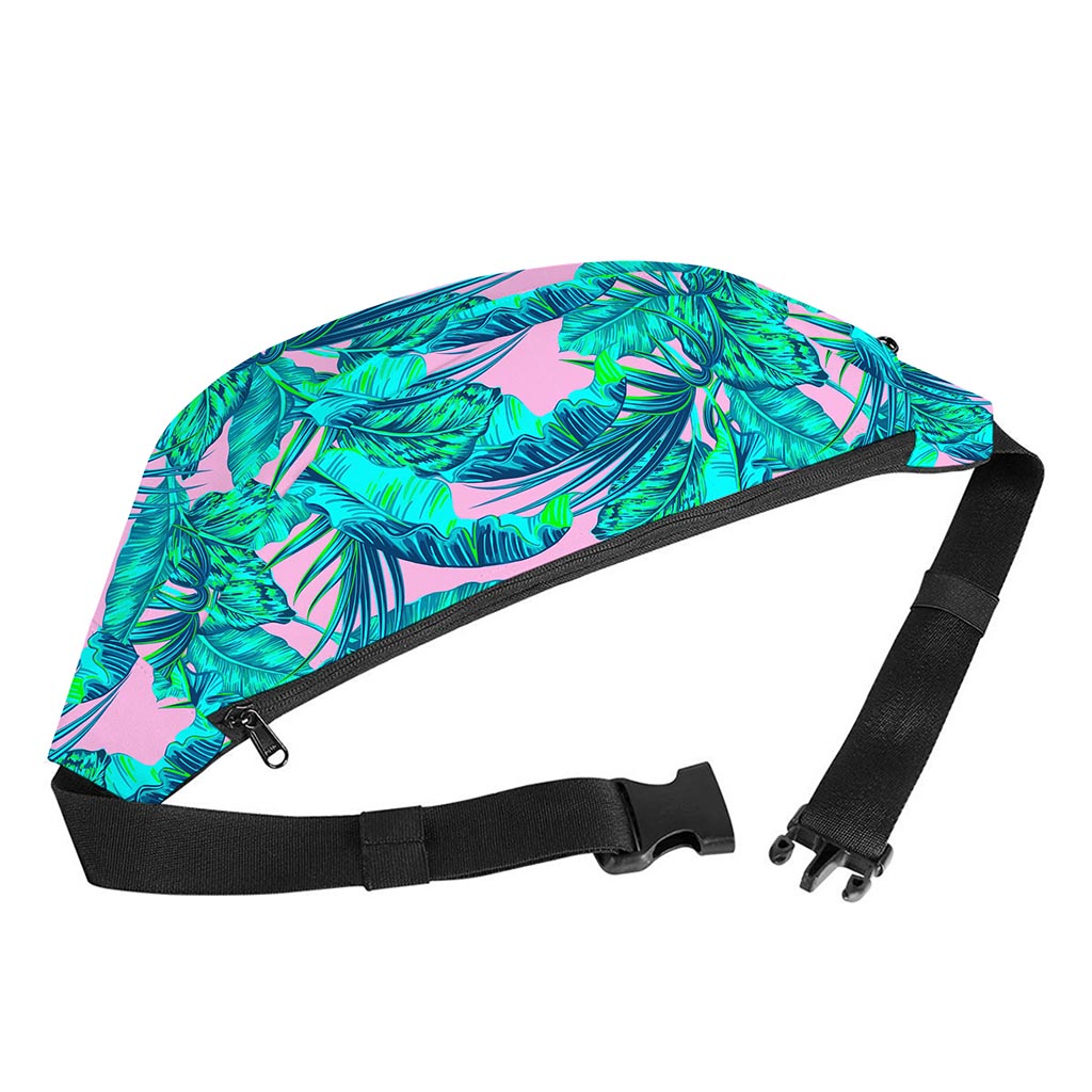 Pink Teal Tropical Leaf Pattern Print Fanny Pack