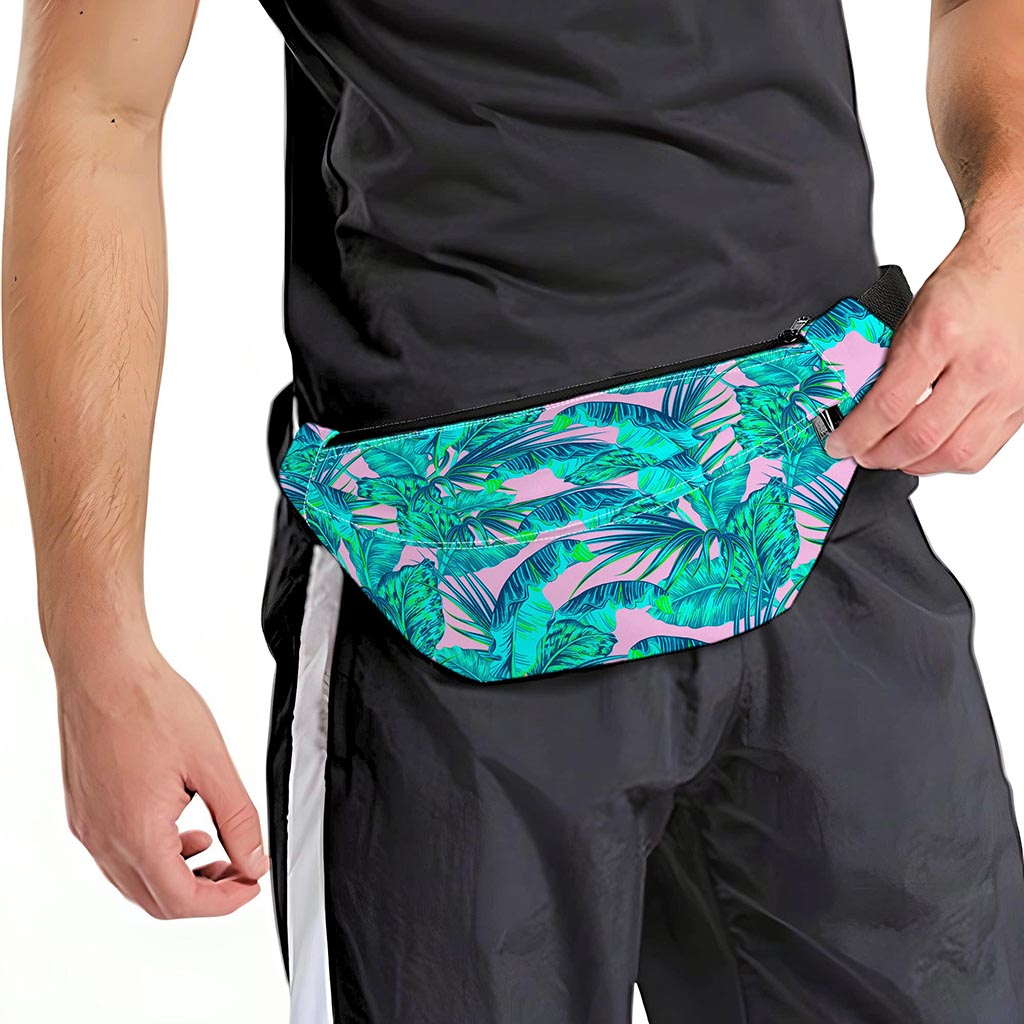 Pink Teal Tropical Leaf Pattern Print Fanny Pack