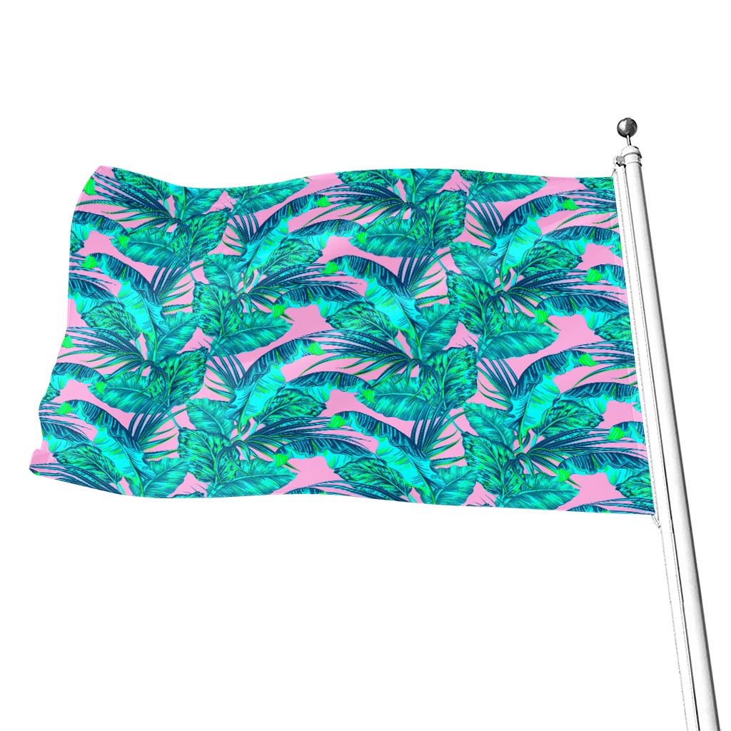 Pink Teal Tropical Leaf Pattern Print Flag