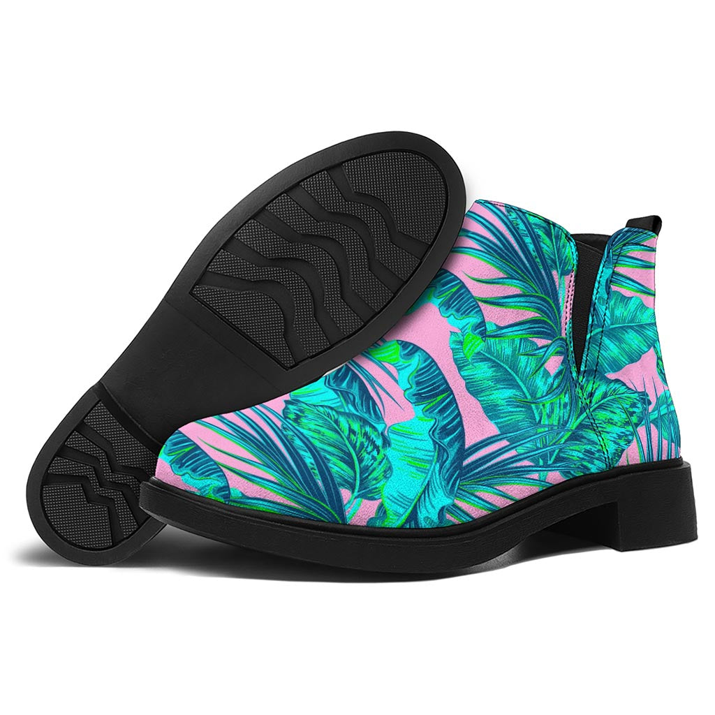 Pink Teal Tropical Leaf Pattern Print Flat Ankle Boots