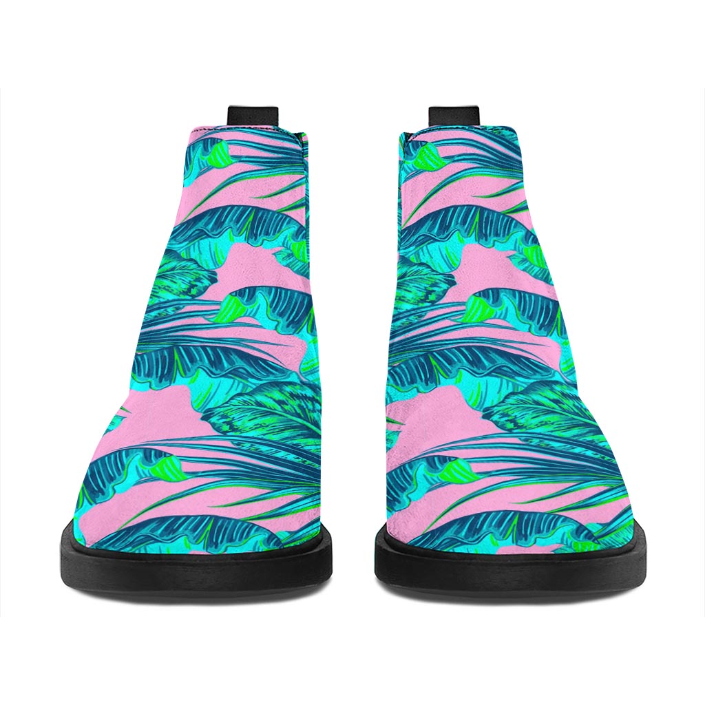 Pink Teal Tropical Leaf Pattern Print Flat Ankle Boots