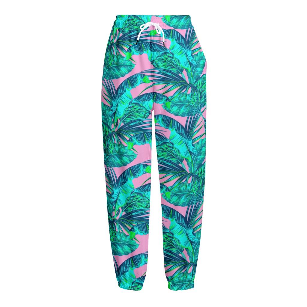 Pink Teal Tropical Leaf Pattern Print Fleece Lined Knit Pants