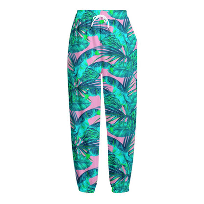 Pink Teal Tropical Leaf Pattern Print Fleece Lined Knit Pants