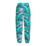Pink Teal Tropical Leaf Pattern Print Fleece Lined Knit Pants