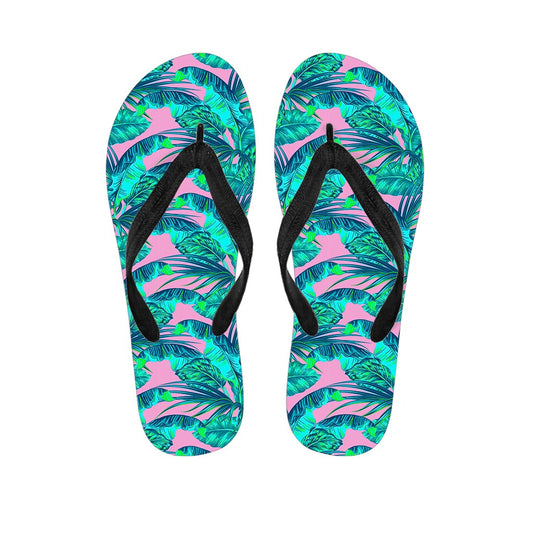 Pink Teal Tropical Leaf Pattern Print Flip Flops