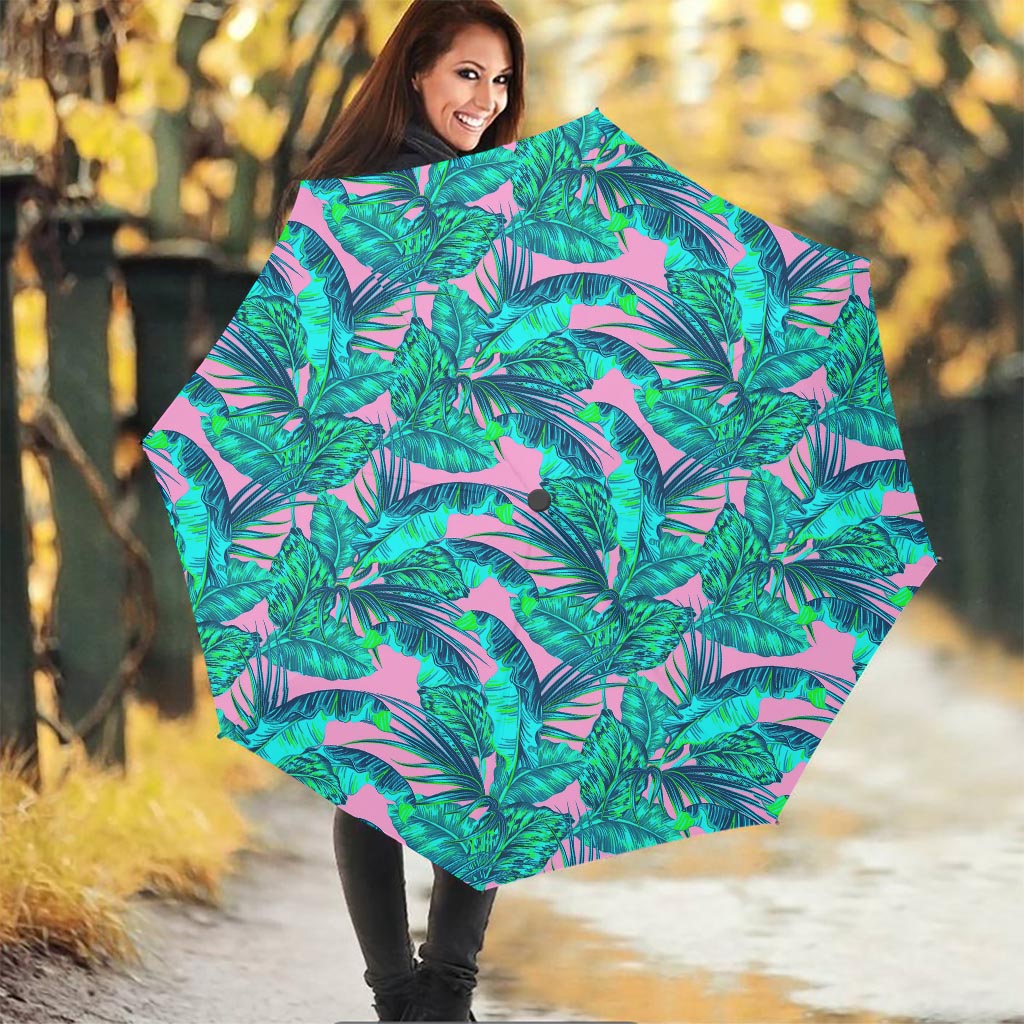 Pink Teal Tropical Leaf Pattern Print Foldable Umbrella