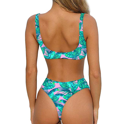 Pink Teal Tropical Leaf Pattern Print Front Bow Tie Bikini