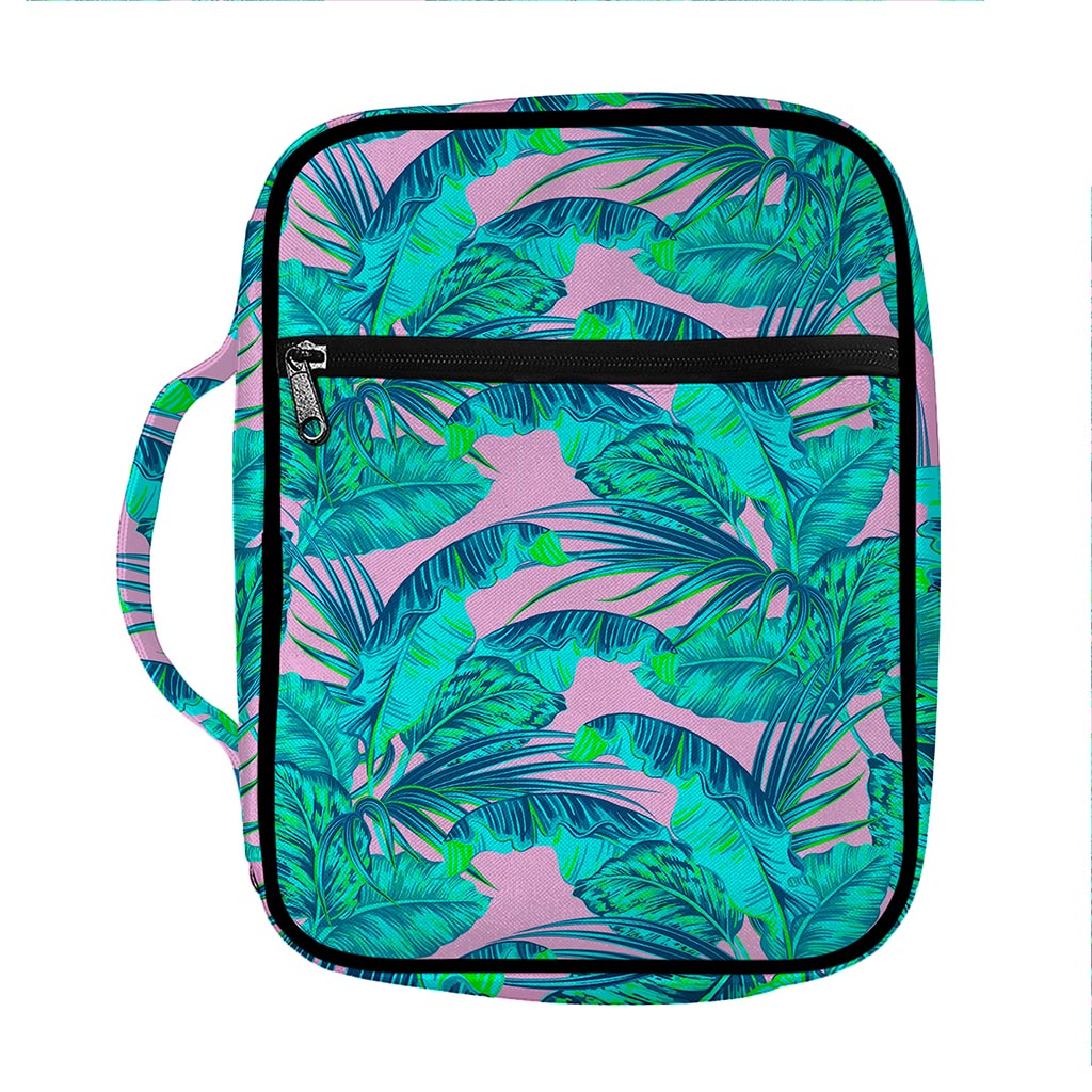 Pink Teal Tropical Leaf Pattern Print Front Pocket Bible Bag