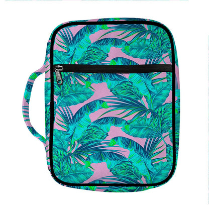 Pink Teal Tropical Leaf Pattern Print Front Pocket Bible Bag