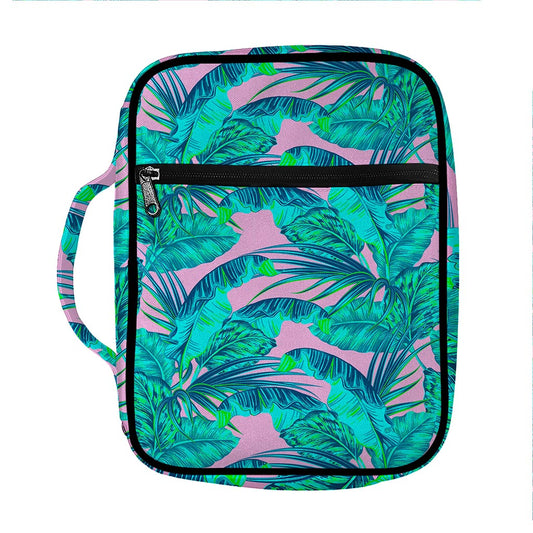 Pink Teal Tropical Leaf Pattern Print Front Pocket Bible Bag