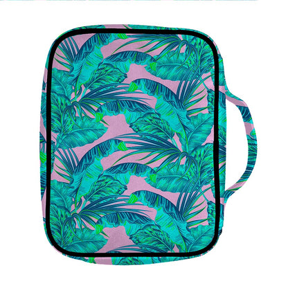 Pink Teal Tropical Leaf Pattern Print Front Pocket Bible Bag