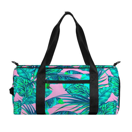 Pink Teal Tropical Leaf Pattern Print Gym Bag