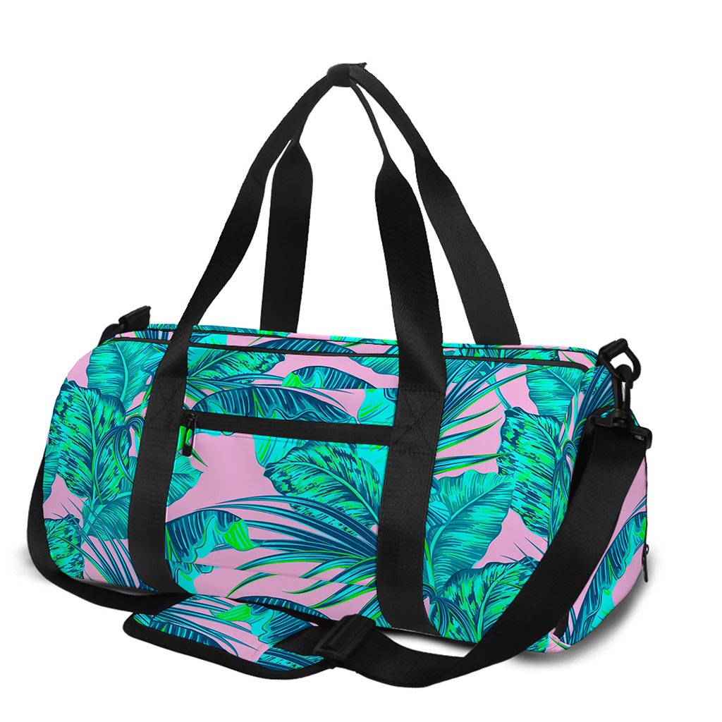 Pink Teal Tropical Leaf Pattern Print Gym Bag