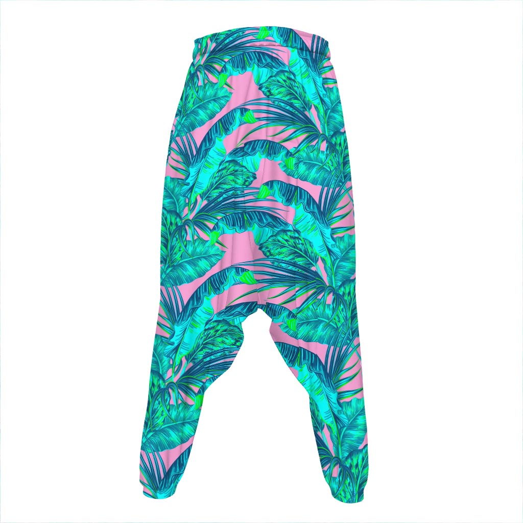 Pink Teal Tropical Leaf Pattern Print Hammer Pants